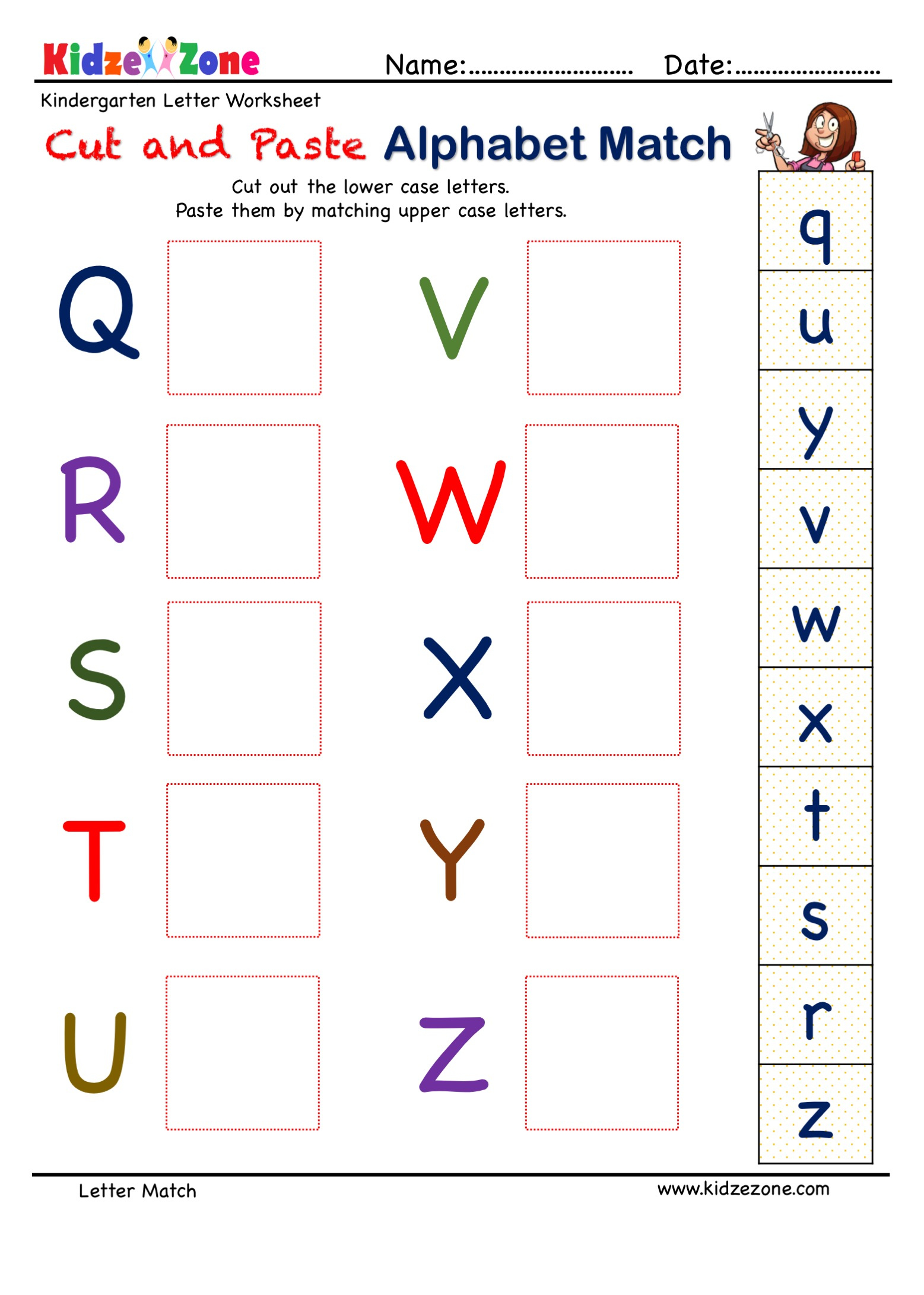 Preschool Letter Matching Cut And Paste Activity Worksheet Q To Z