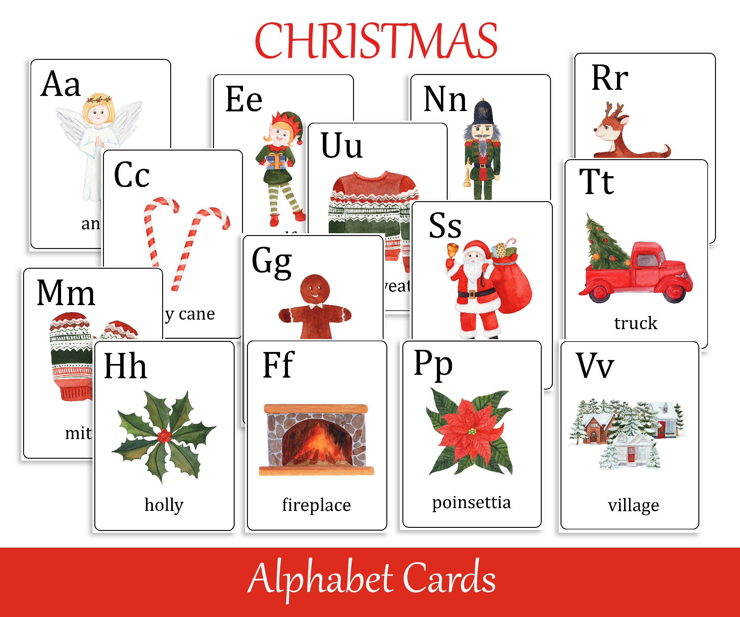 Christmas Alphabet Cards, Abc Preschool Flash Cards, Printable in Christmas Alphabet Words