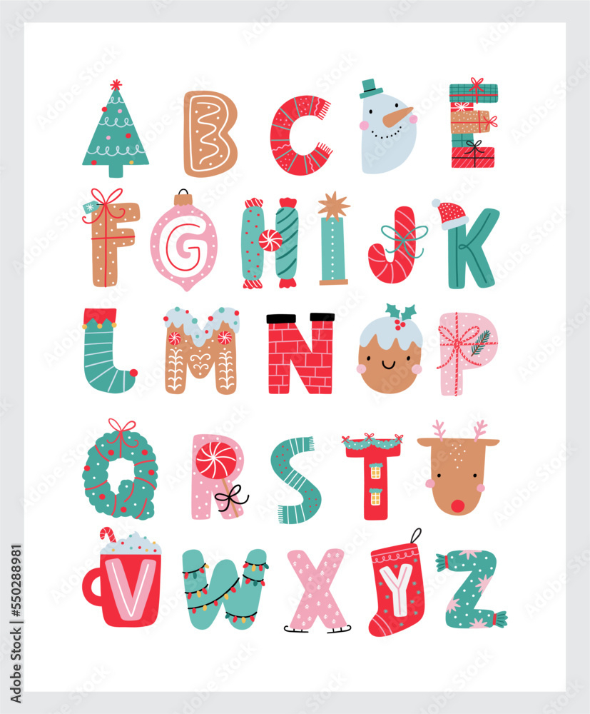 Christmas Alphabet With Cute Characters. Winter Abs And Cartoon for Christmas Letters Alphabet