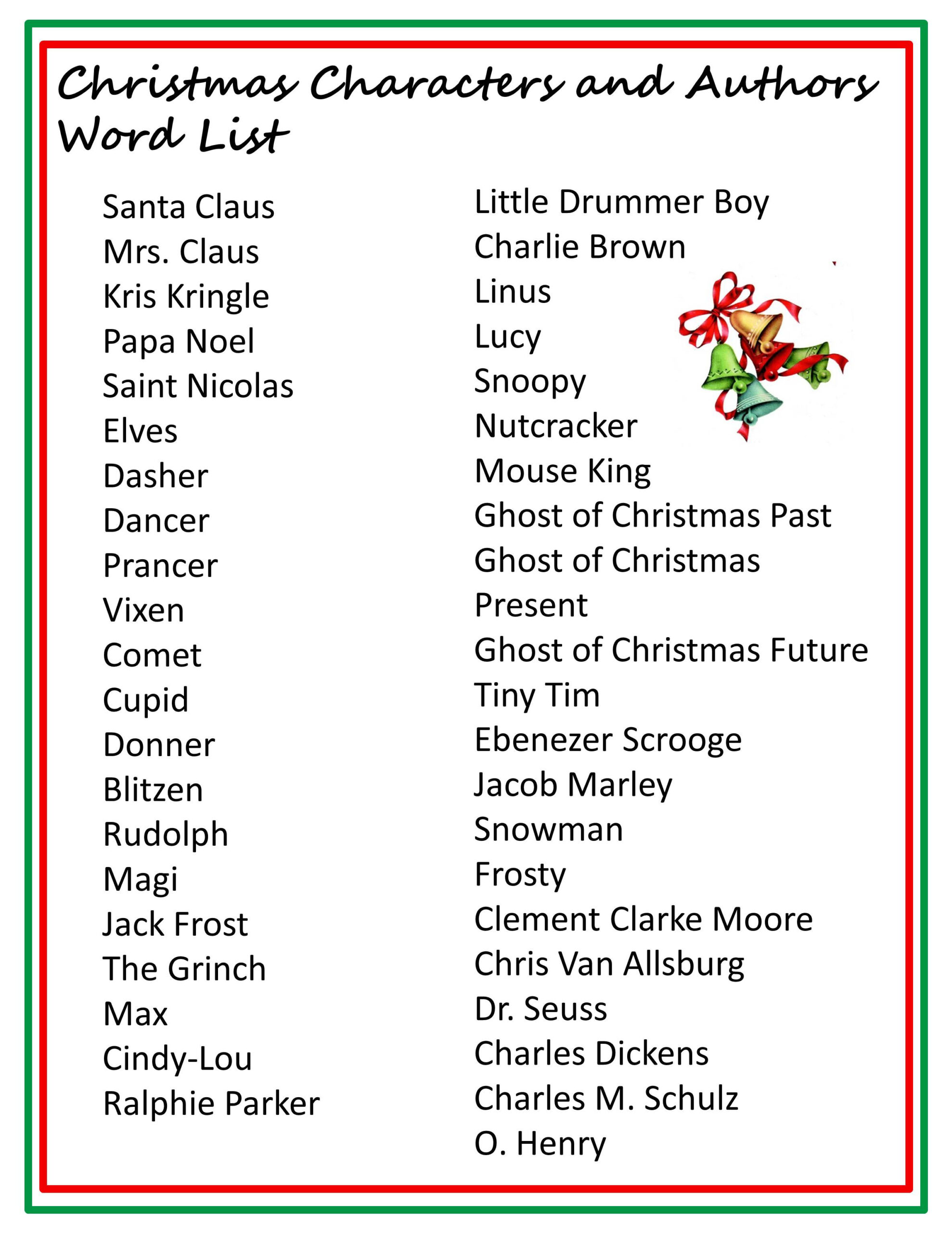 Christmas Characters Word List | pertaining to Christmas Things in Alphabetical Order