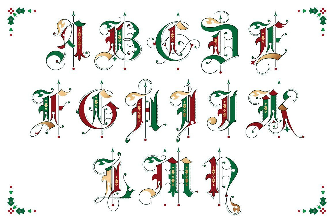 Christmas Gothic Ornamental Alphabet with Christmas Calligraphy Alphabet