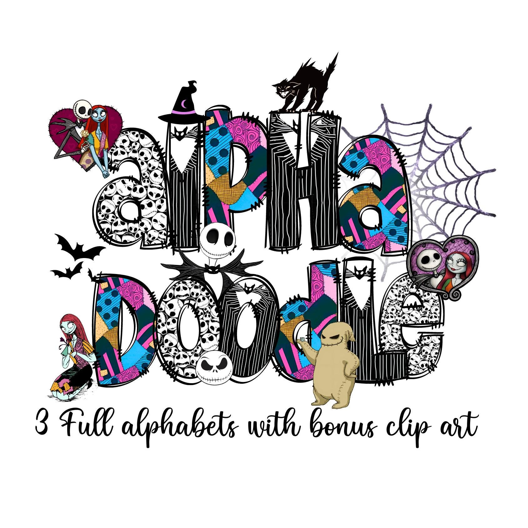 Custom Nightmare Christmas Movie Halloween Doodle Letters With Clip Art Png, Make Your Own Name, Halloween Alphabet Doodle Set in Nightmare Before Christmas Alphabet