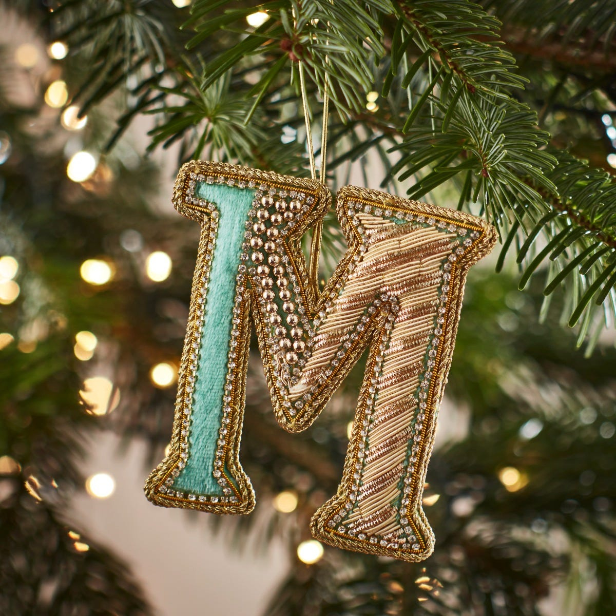 Fortnum&amp;#039;S Eau De Nil Embroidered Alphabet Christmas Decoration, M for Alphabet Christmas Tree Ornaments