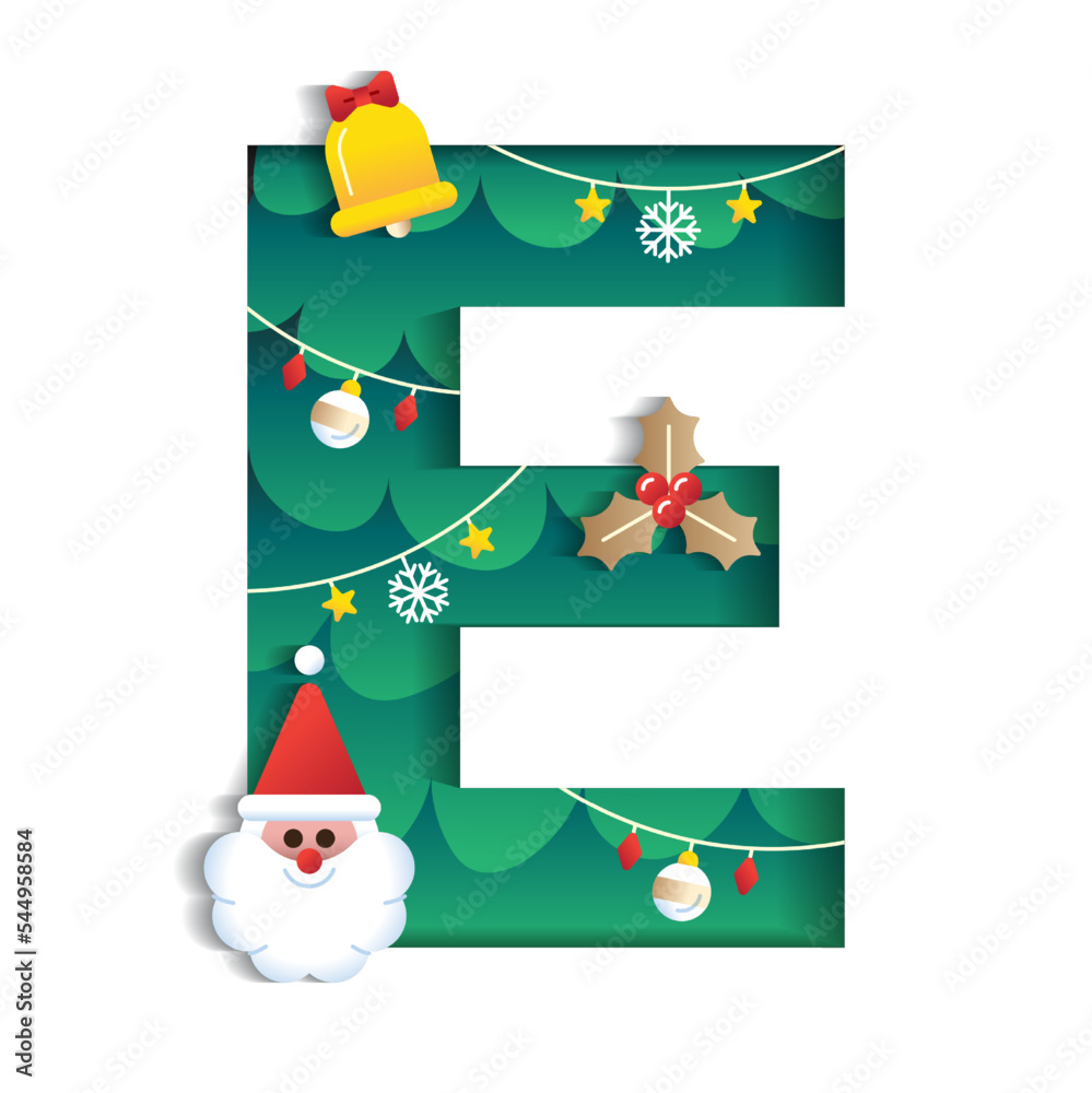 Letter E Alphabet Font Cute Merry Christmas Concept Bell Santa with Christmas Alphabet Letter E