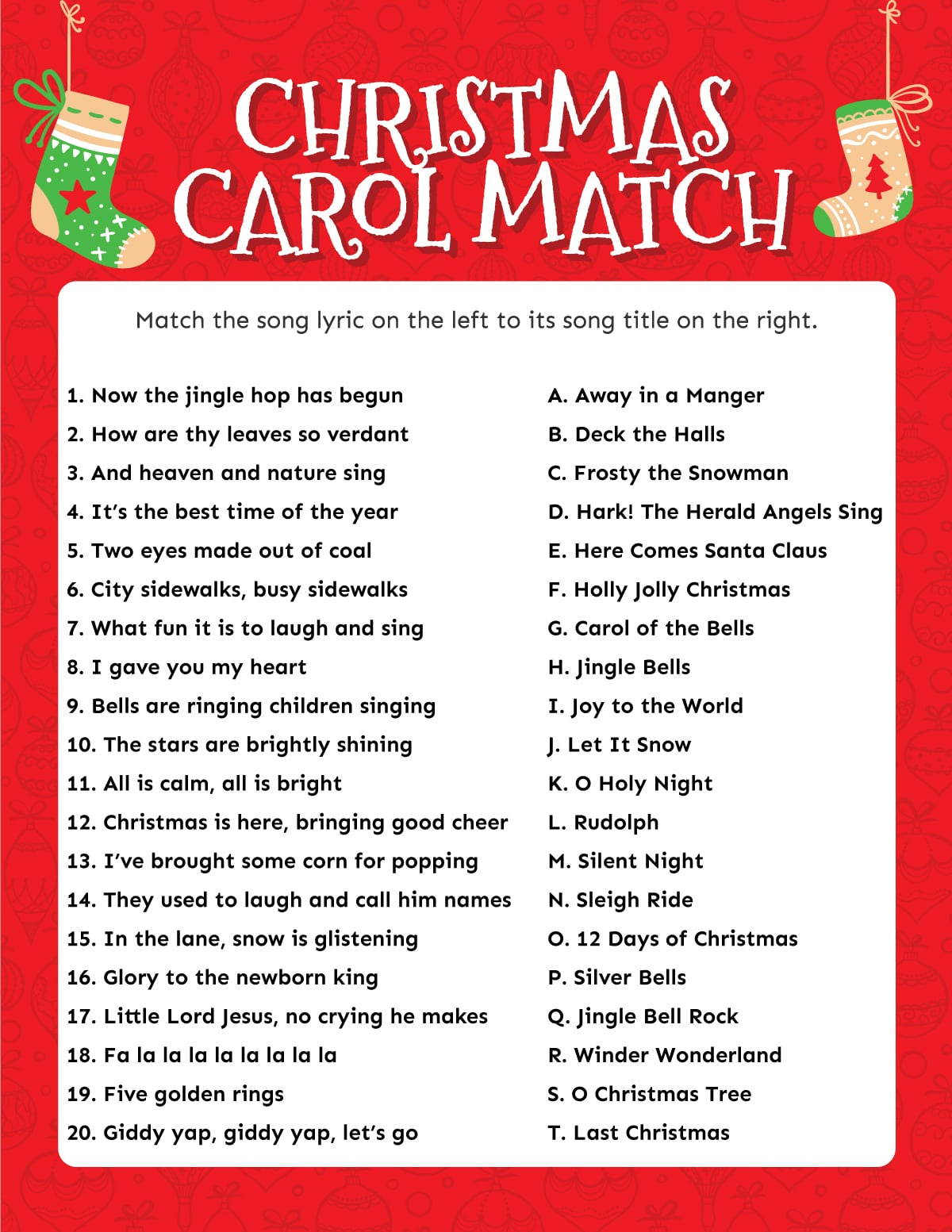 Match The Christmas Carol Game (Free Printable!) - Play Party Plan within Alphabetical List of Christmas Carols