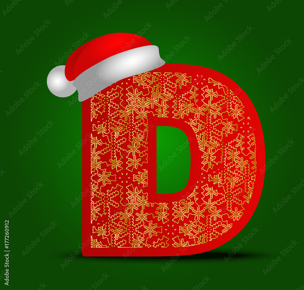 Vector Alphabet Letter D With Christmas Hat And Gold Snowflakes within Christmas Alphabet Letter D