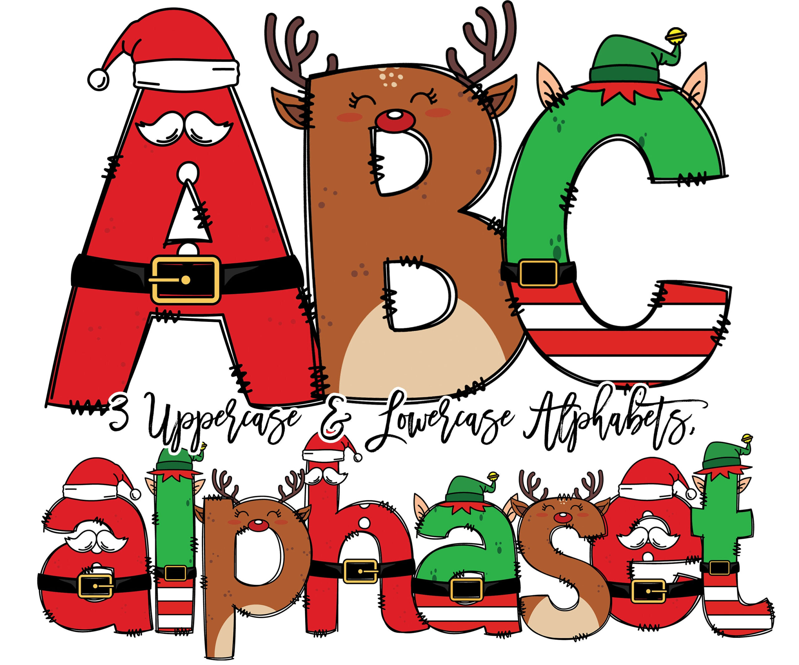 Weihnachten Doodle Buchstaben, Santa Sublimation Schriftart, Xmas in Christmas Alphabet Letters